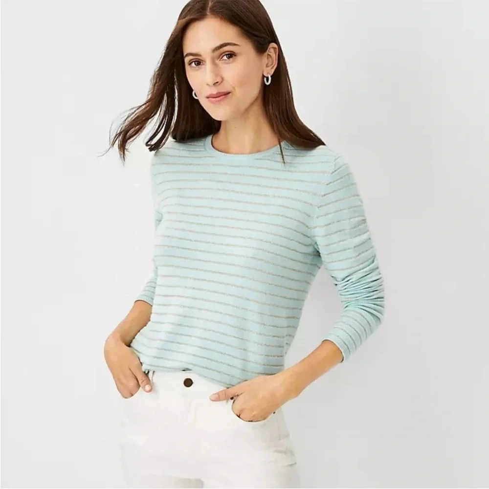 Ann Taylor Crew Neck Sweater XL Teal Silver Shimmer Lightweight‎